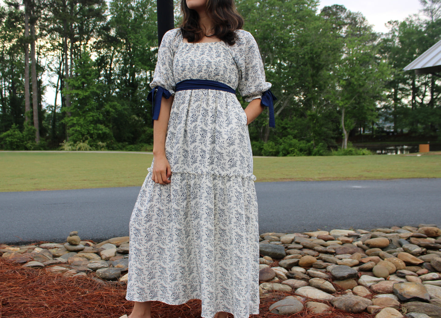 Floral Print Gauze Cotton Ribbon Detailed Dress