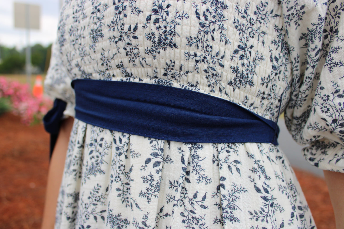 Floral Print Gauze Cotton Ribbon Detailed Dress