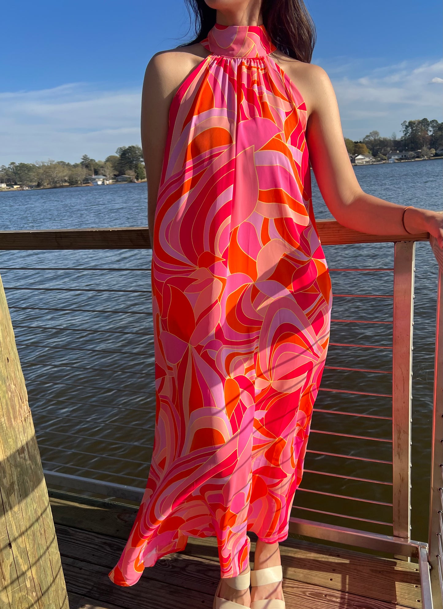 Abstract Print High Neck Maxi Dress