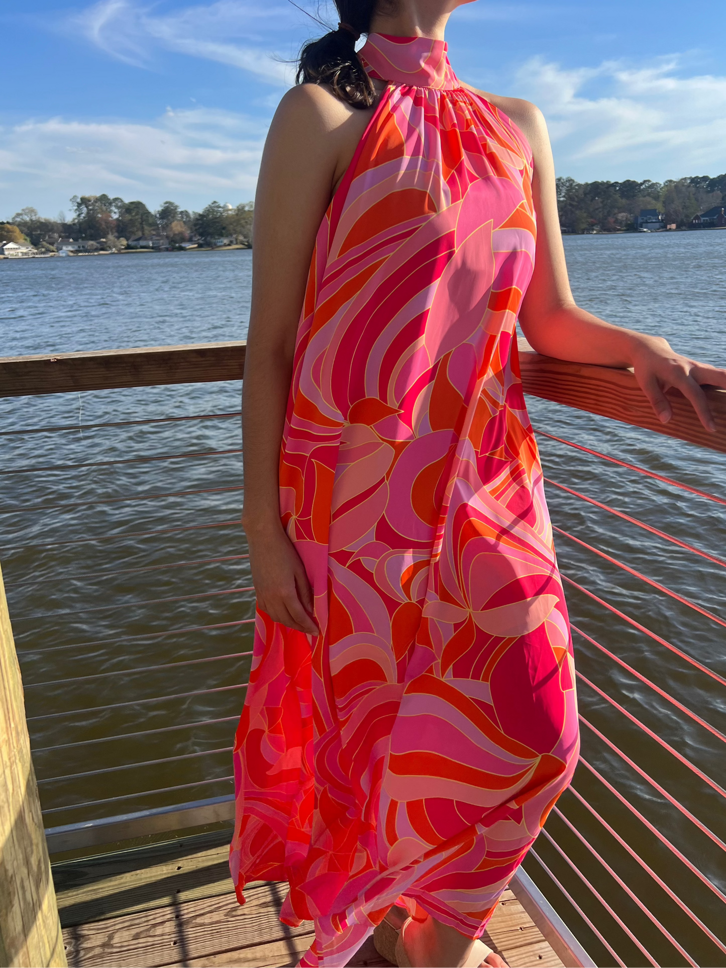 Abstract Print High Neck Maxi Dress