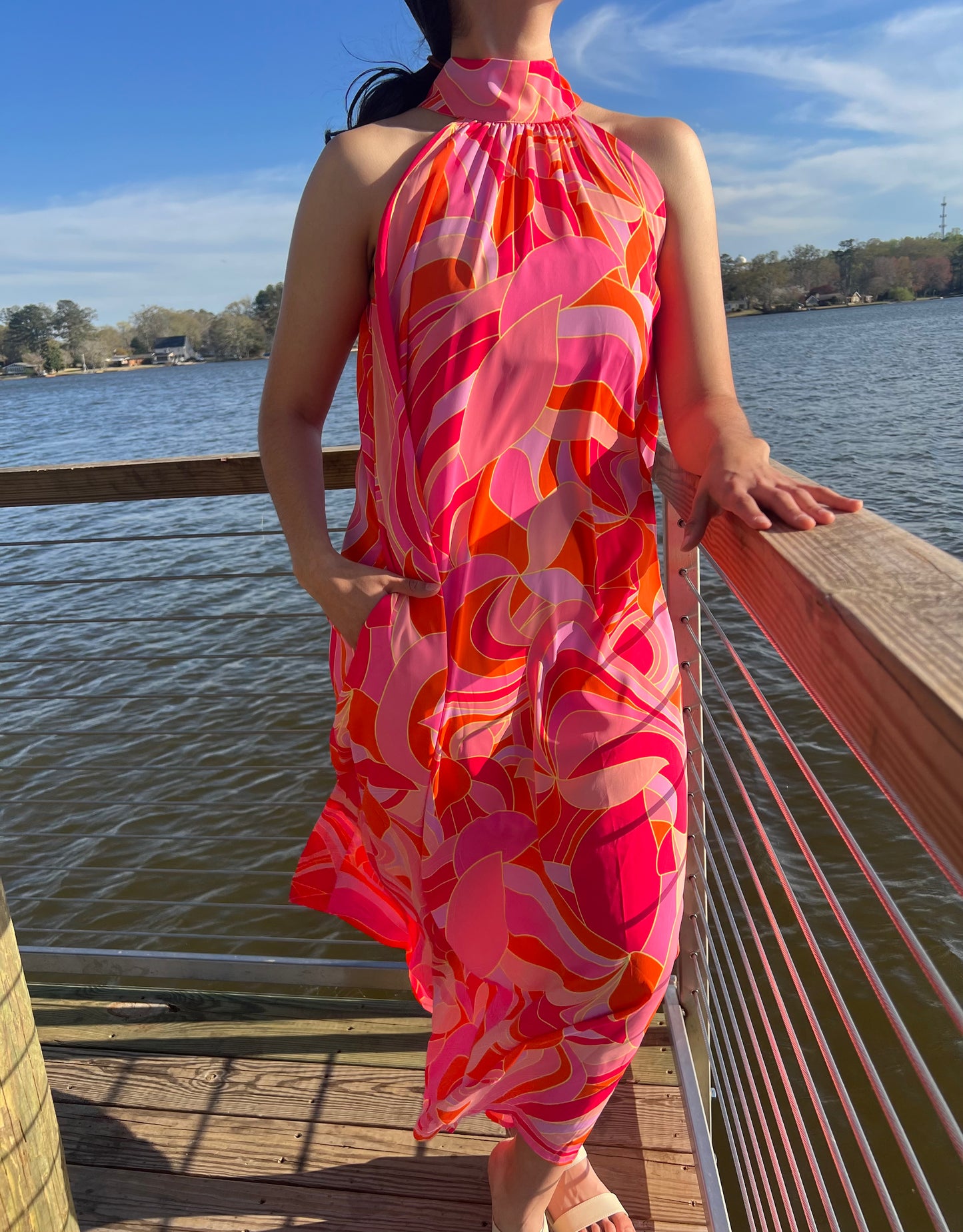 Abstract Print High Neck Maxi Dress