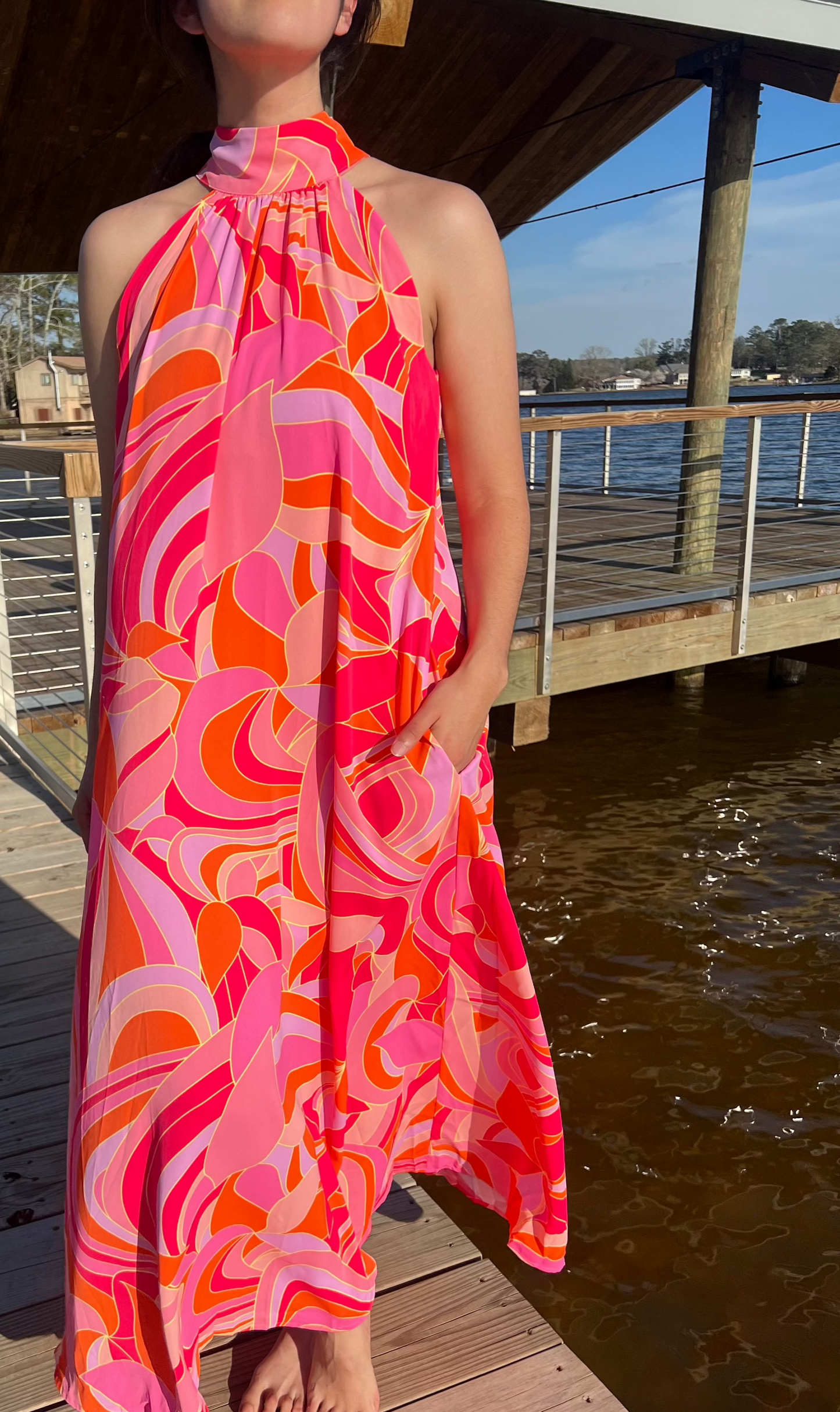 Abstract Print High Neck Maxi Dress