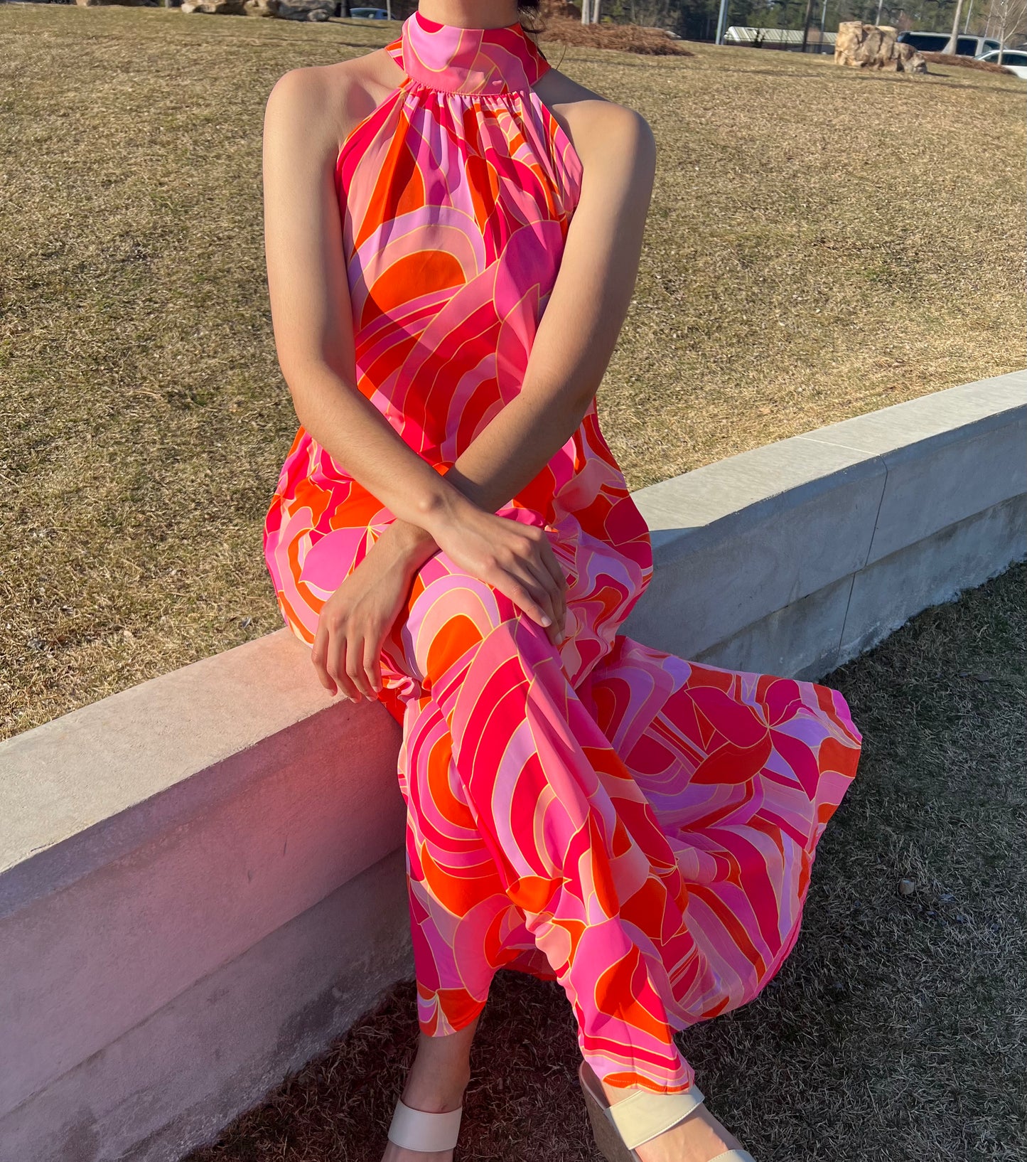 Abstract Print High Neck Maxi Dress