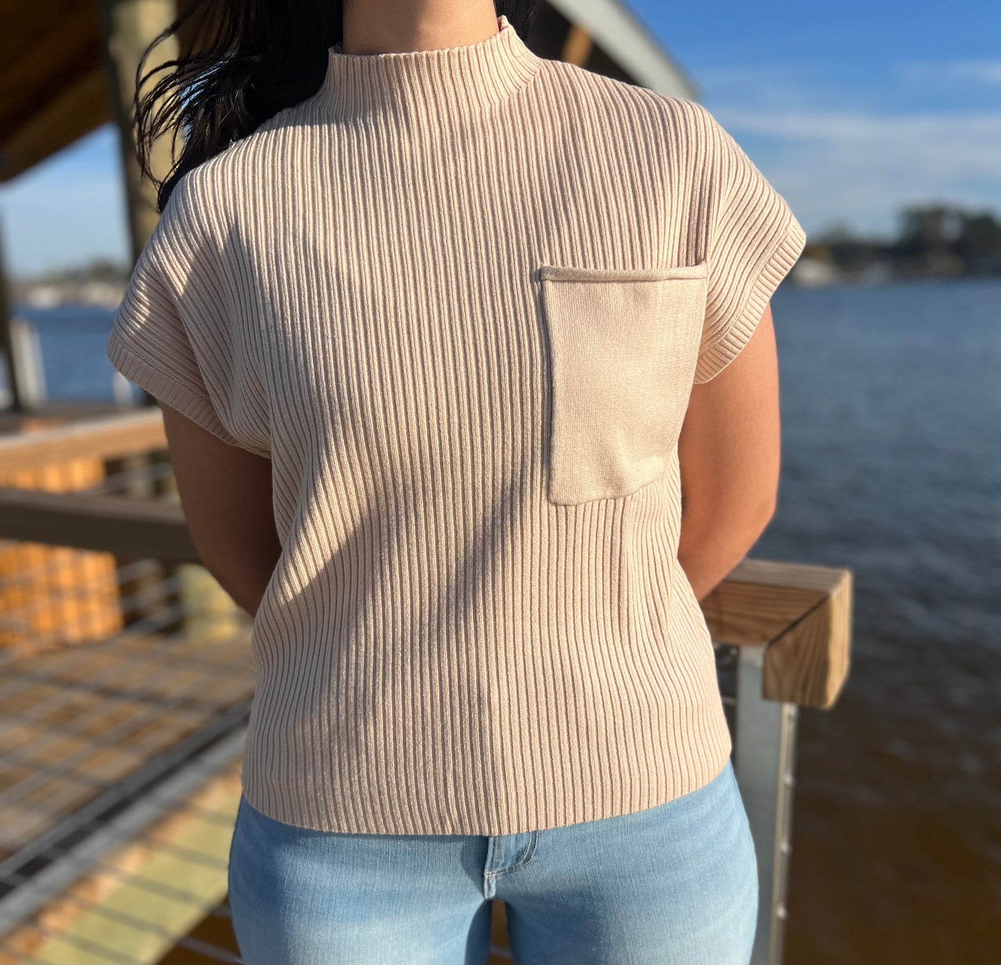Knit Short Sleeve Sweater with Pocket