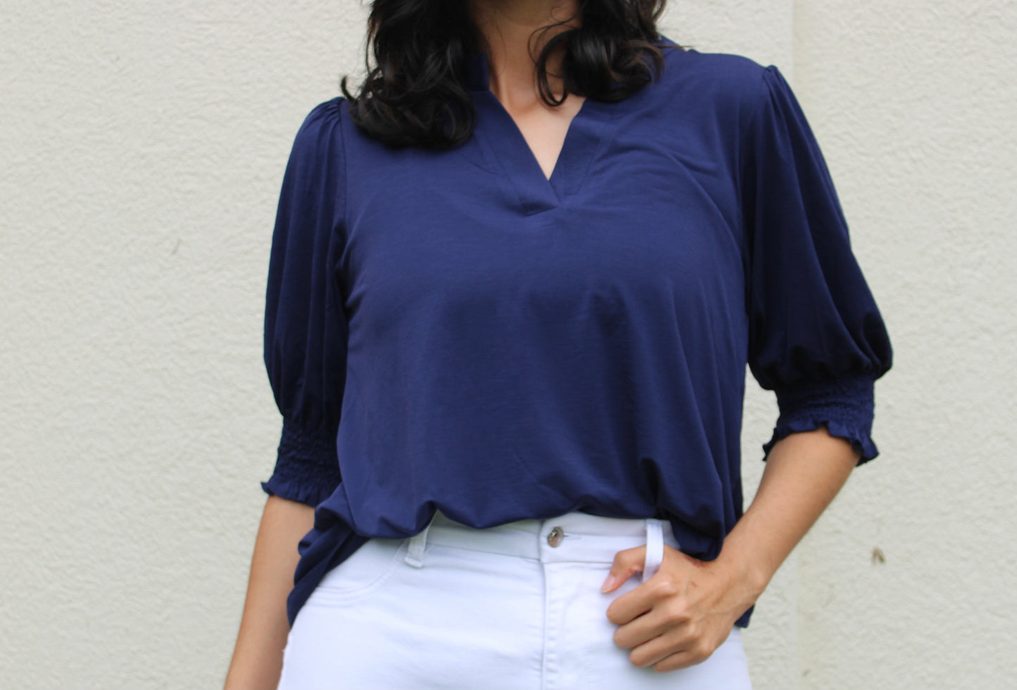3/4 Smock Sleeve Blouse - Navy