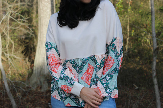 Patchwork Crew Neck Loose Fit Blouse