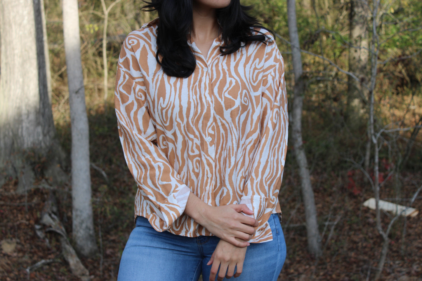 Zebra Print Casual Button Down Blouse | Taupe