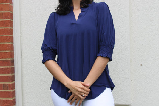 3/4 Smock Sleeve Blouse - Navy