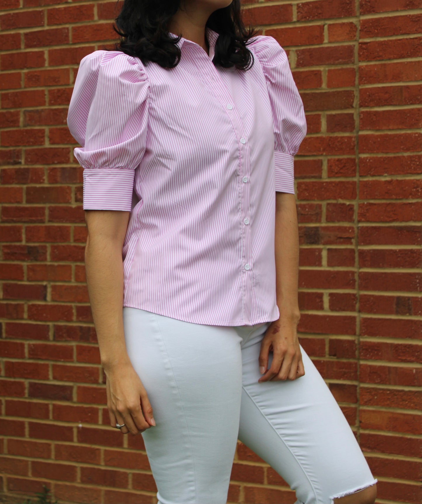 Collard Neck Short Puff Sleeve Blouse